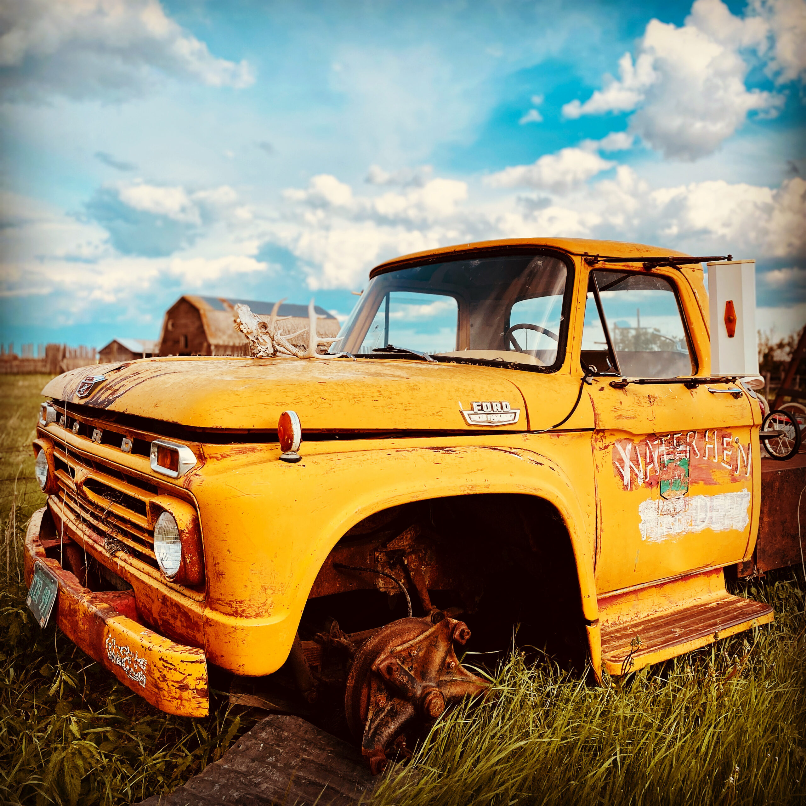 A vintage yellow farm truck parked in a field
